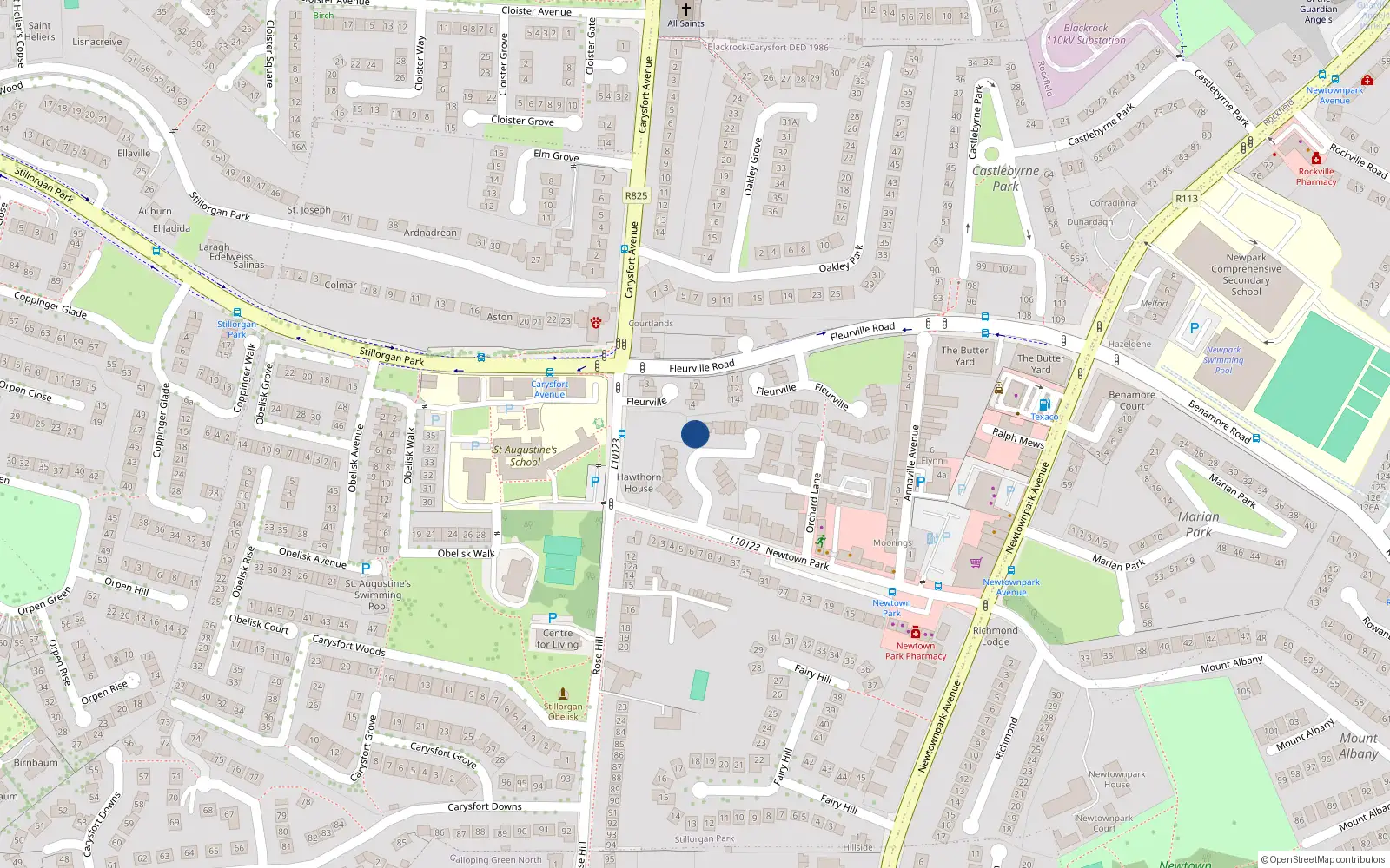 Overhead map showing the location of 12 Hawthorn Manor, Newtownpark, Blackrock