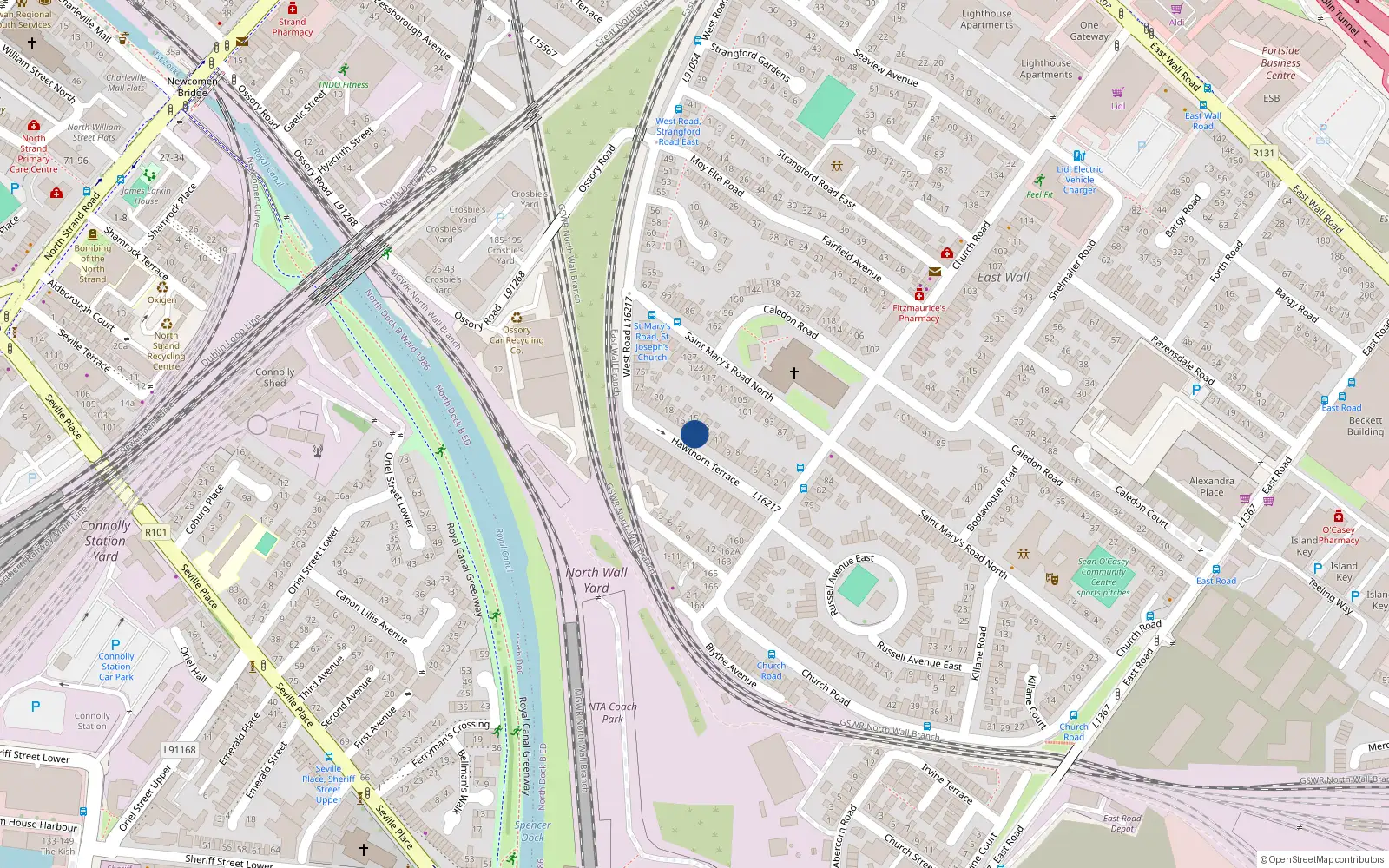 Overhead map showing the location of 12 Hawthorn Terrace, East Wall, Dublin 3