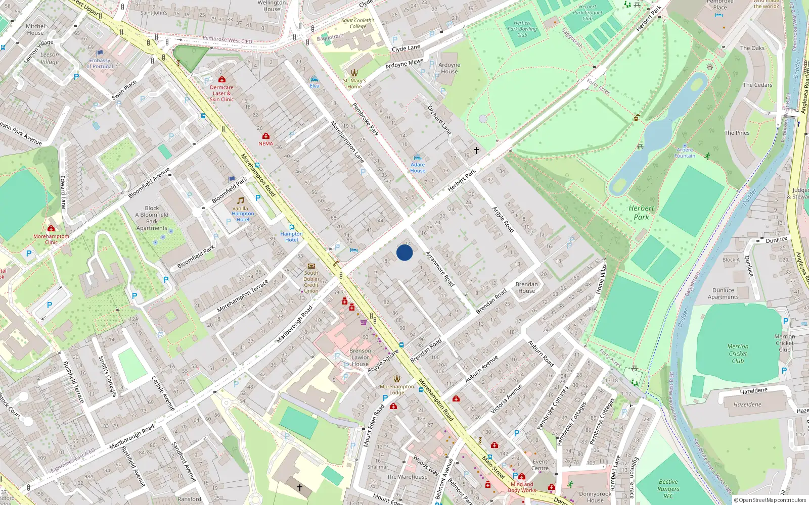 Overhead map showing the location of 12 Herbert Park, Dublin 4