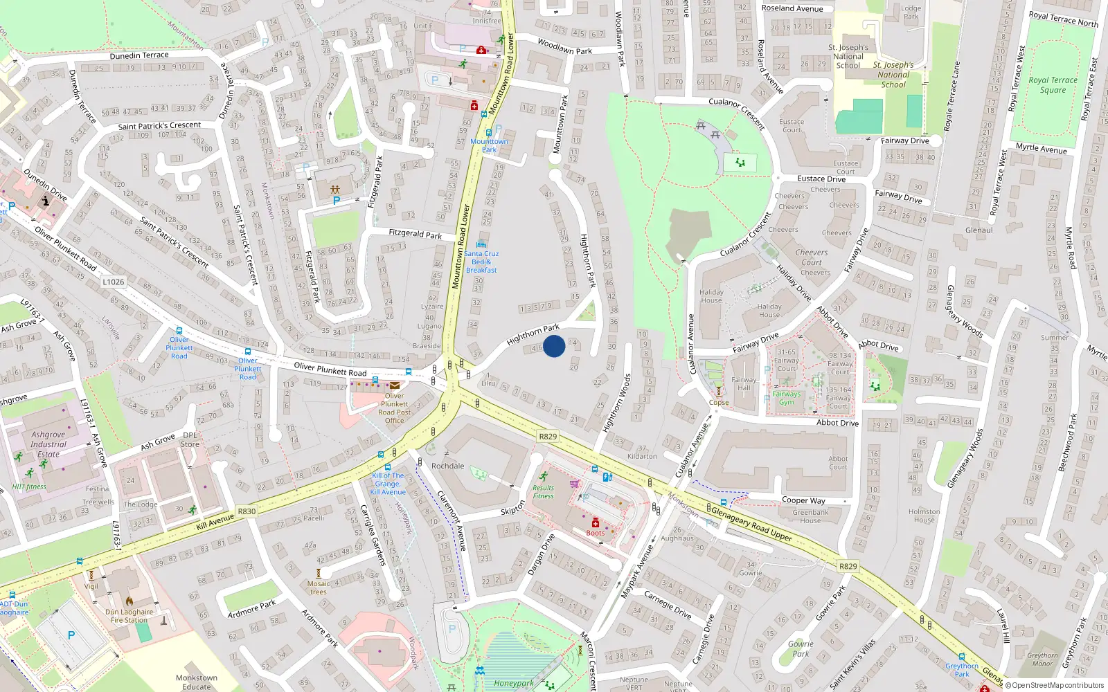 Overhead map showing the location of 12 Highthorn Park, Dun Laoghaire