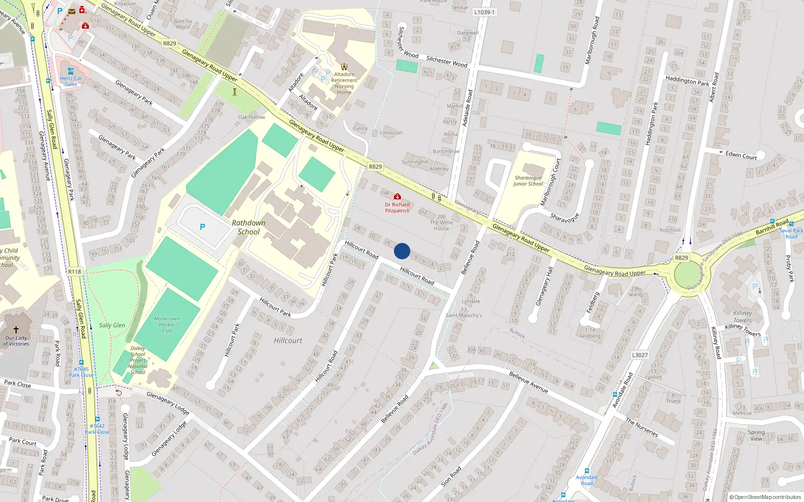 Overhead map showing the location of 12 Hillcourt Road, Glenageary, Dublin