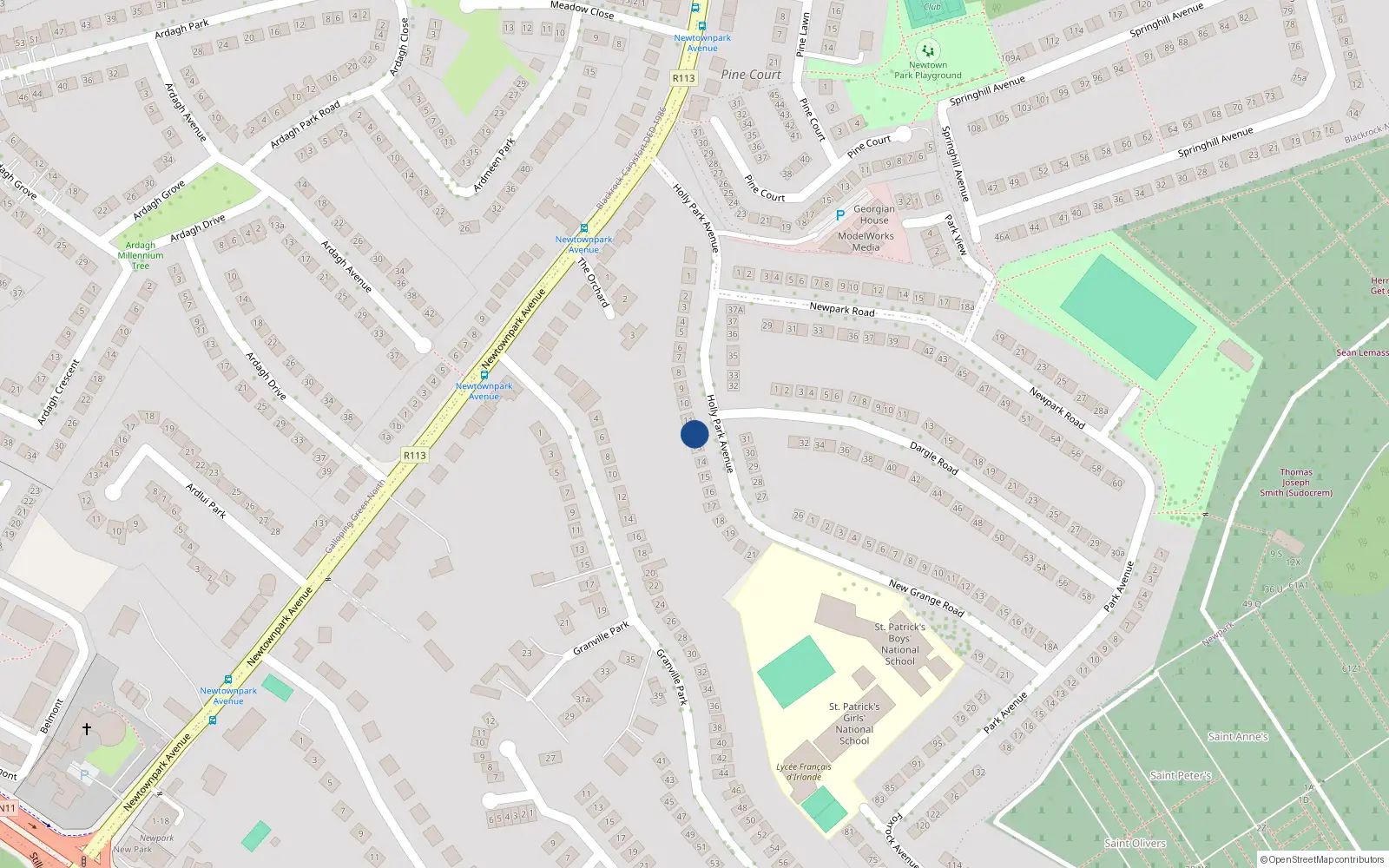 Overhead map showing the location of 12 Holly Park Avenue, Blackrock, Dublin