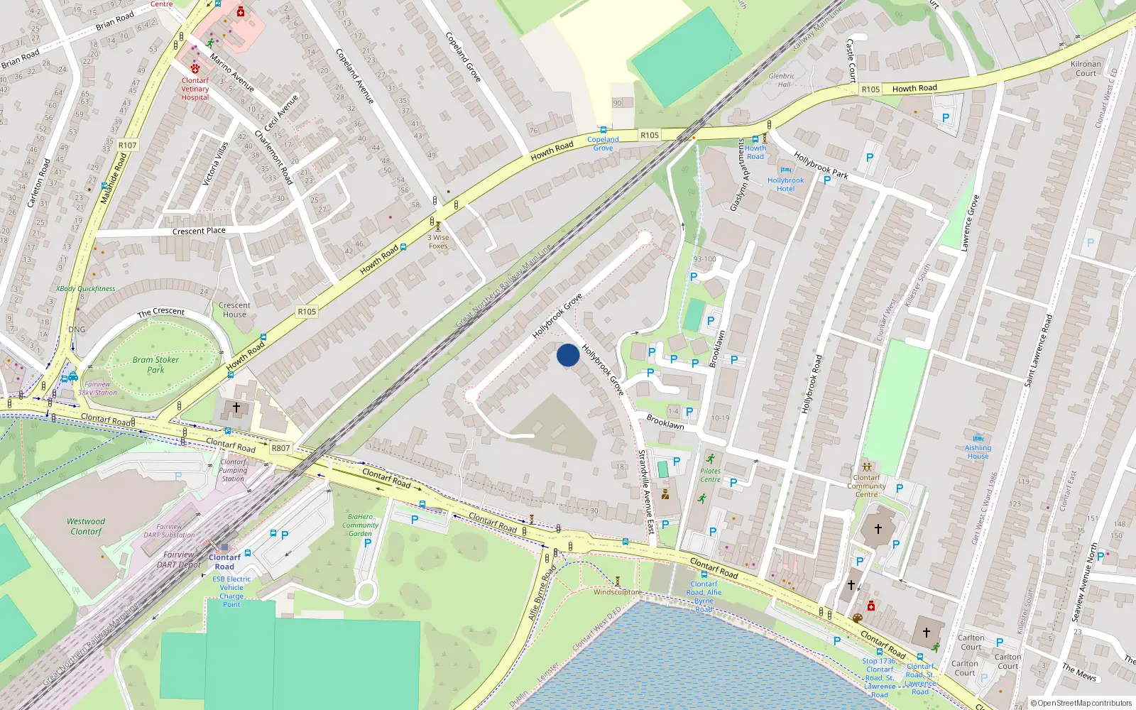 Overhead map showing the location of 12 Hollybrook Grove, Clontarf, Dublin 3