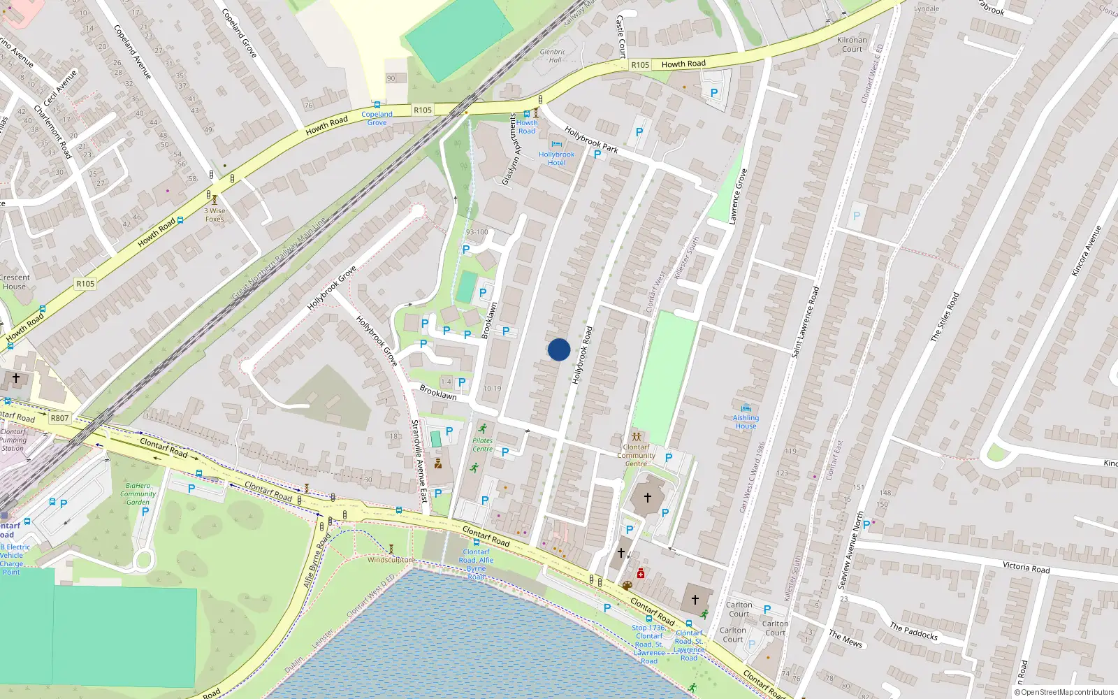 Overhead map showing the location of 12 Hollybrook Road, Clontarf, Dublin 3