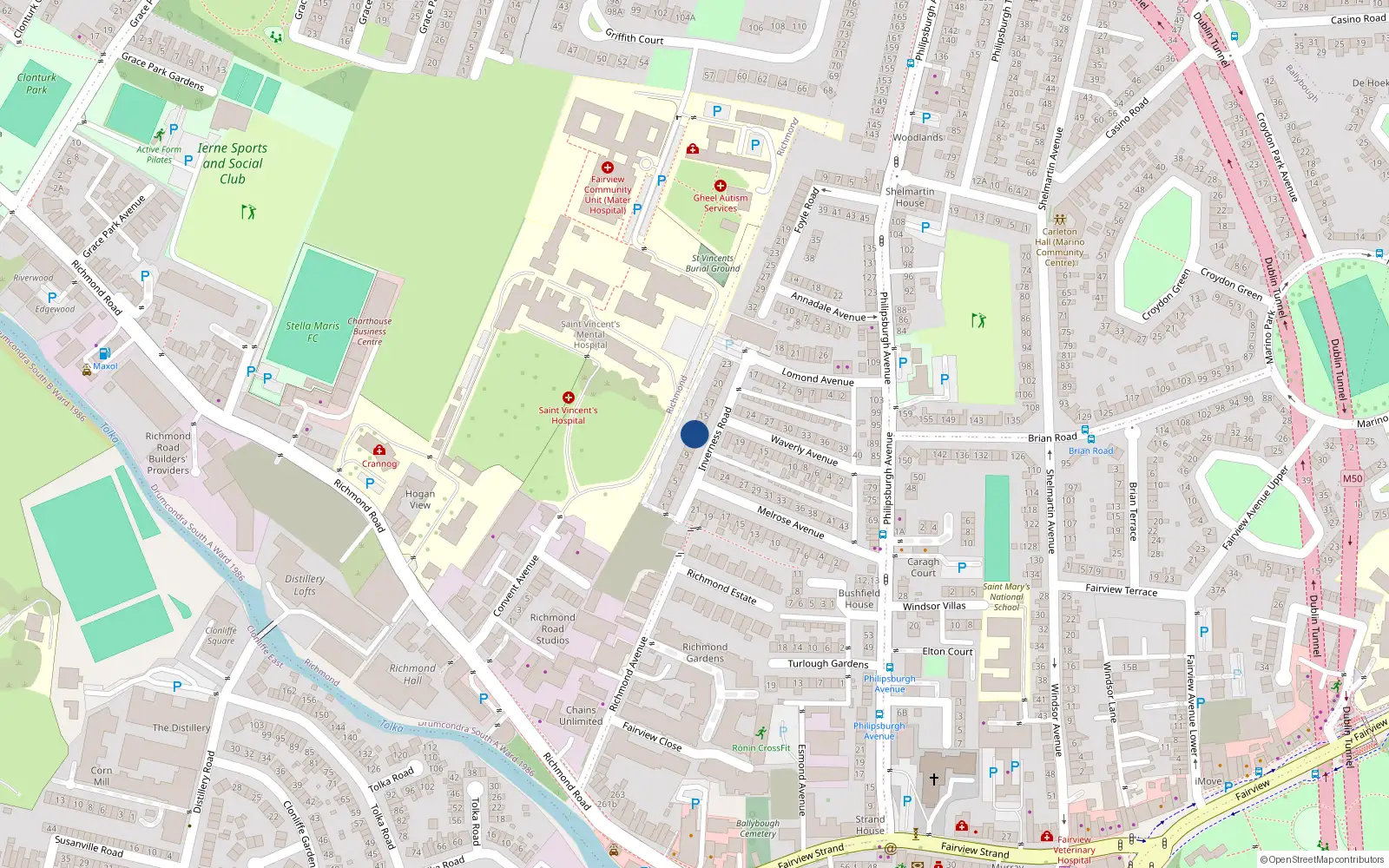 Overhead map showing the location of 12 Inverness Road, Dublin 3