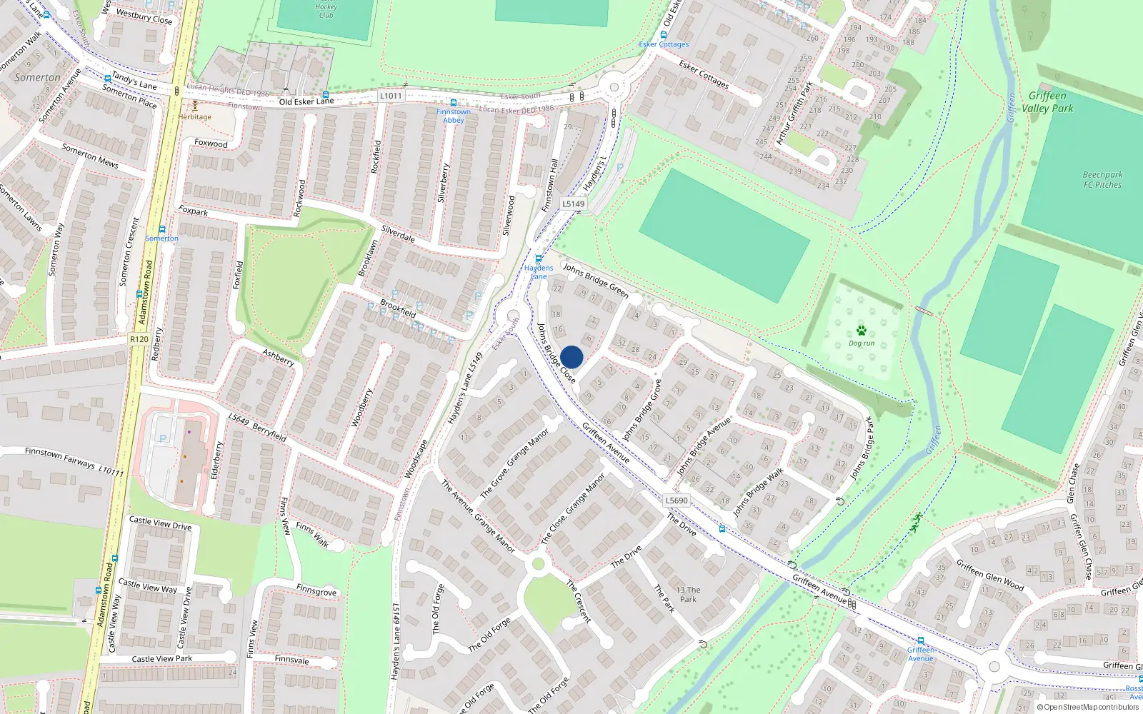 Overhead map showing the location of 12 Johnsbridge Close, Lucan, Dublin