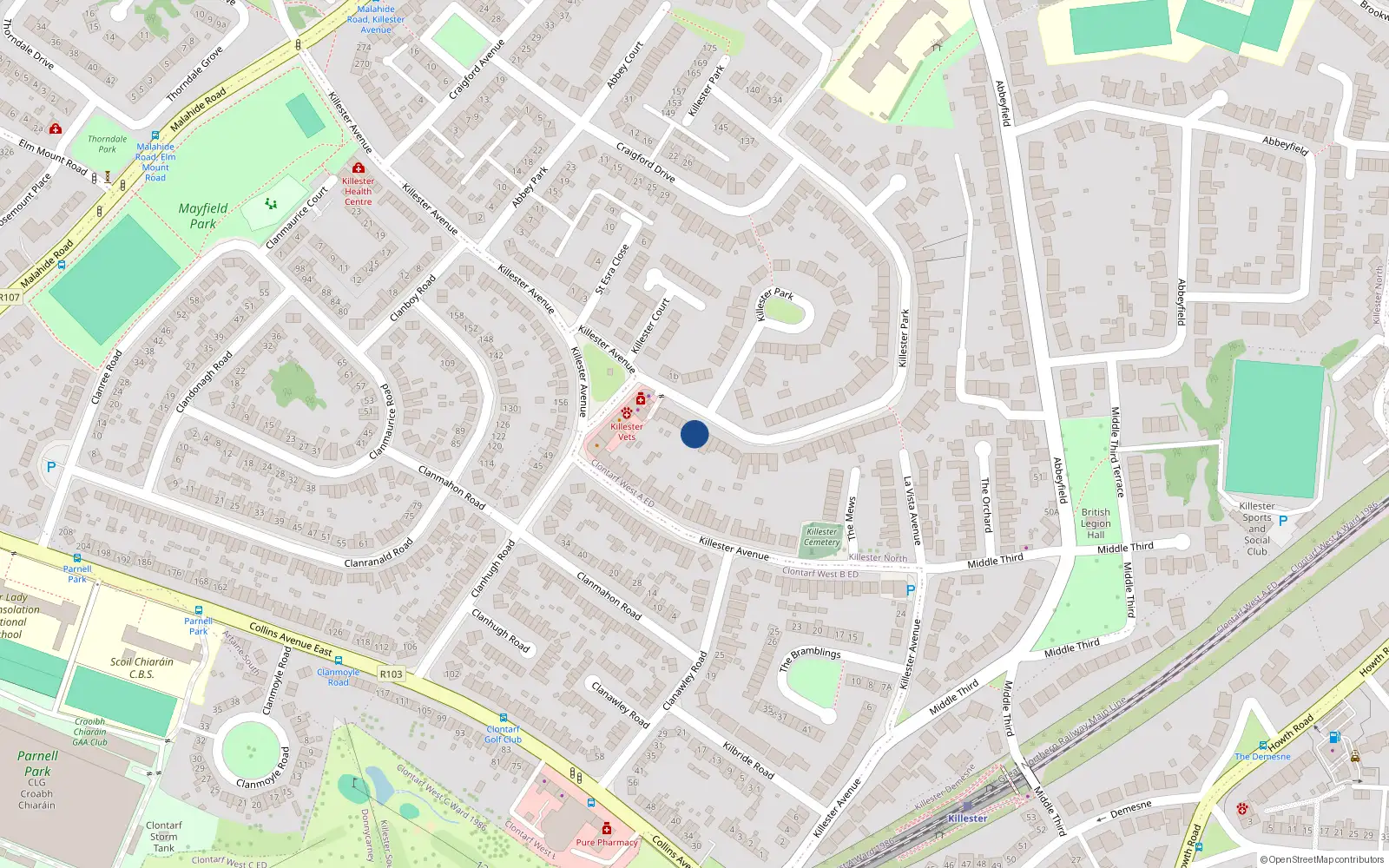 Overhead map showing the location of 12 Killester Park, Killester, Dublin 5