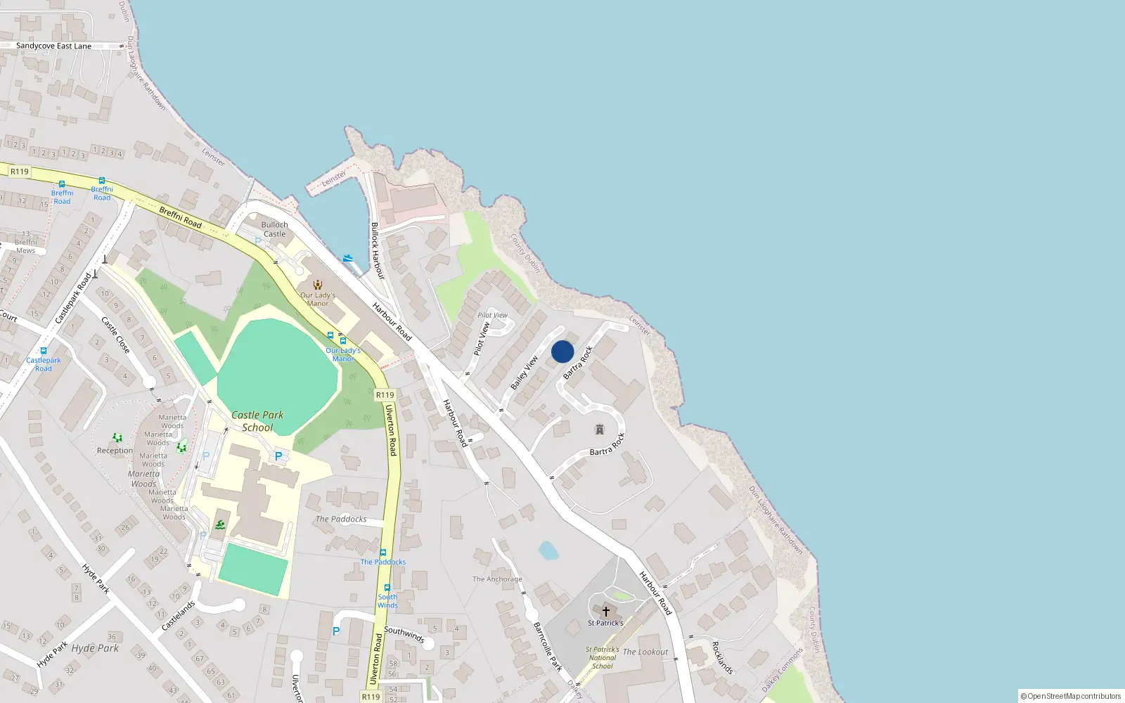 Overhead map showing the location of 12 Kilmore Bailey View, Harbour Road, Dalkey