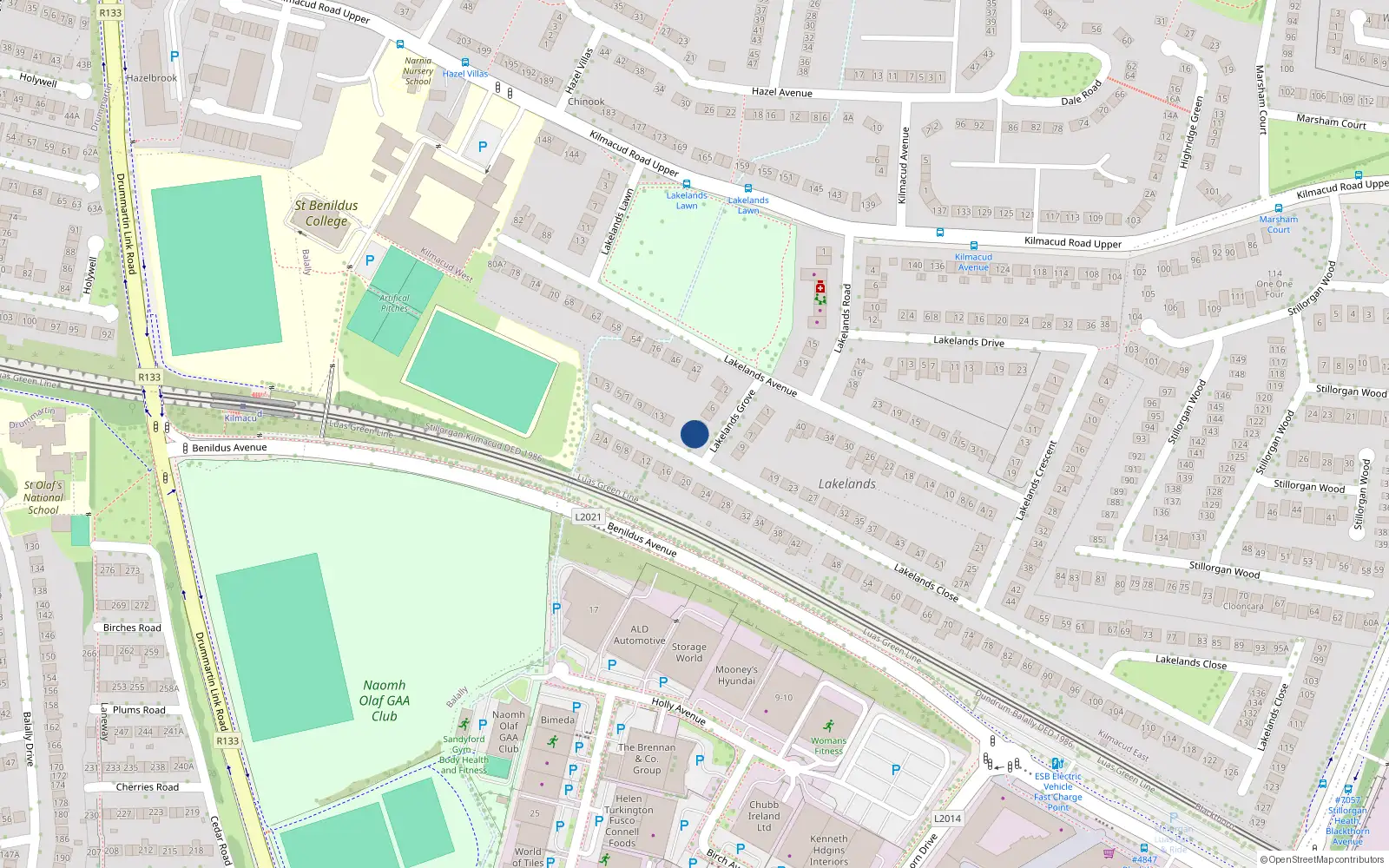 Overhead map showing the location of 12 Lakelands Grove, Blackrock