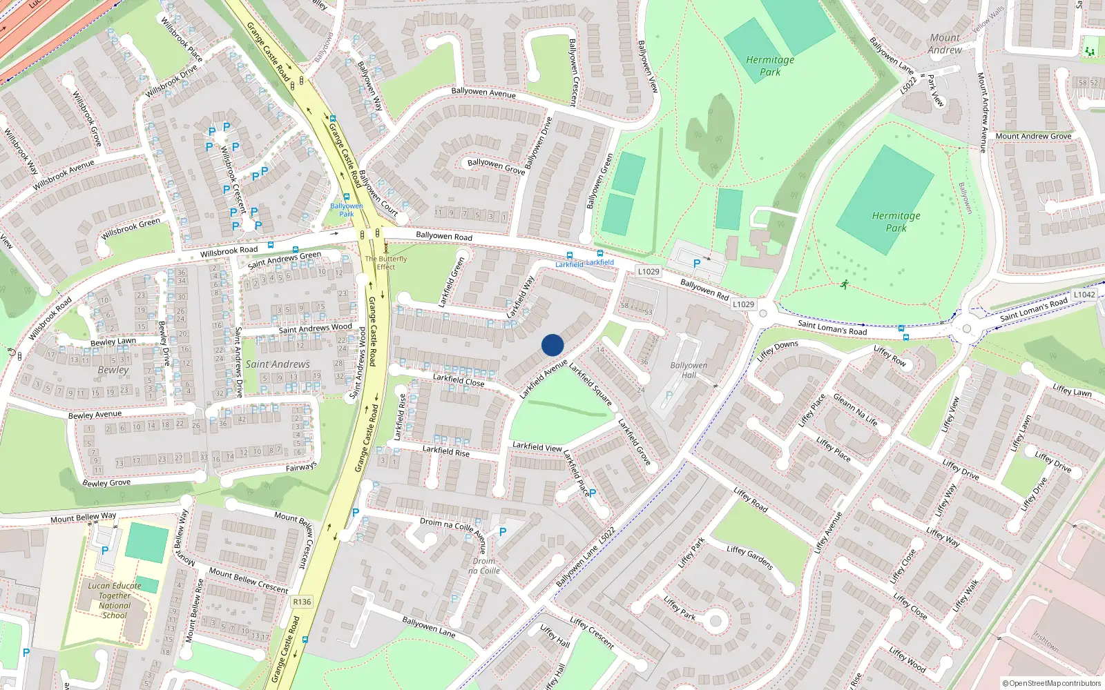 Overhead map showing the location of 12 Larkfield Avenue, Lucan, Dublin