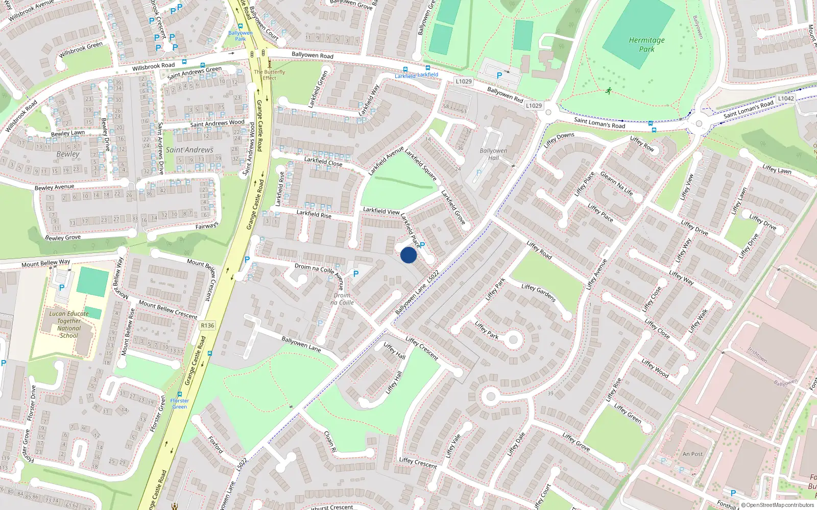 Overhead map showing the location of 12 Larkfield Place, Lucan