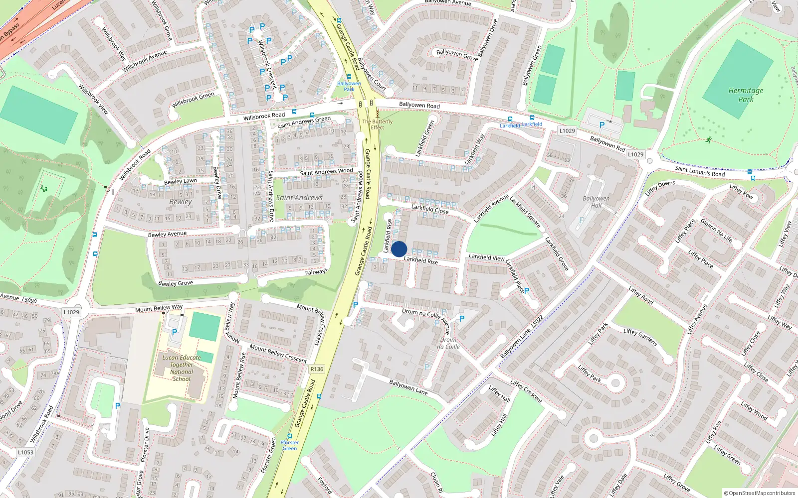 Overhead map showing the location of 12 Larkfield Rise, Lucan