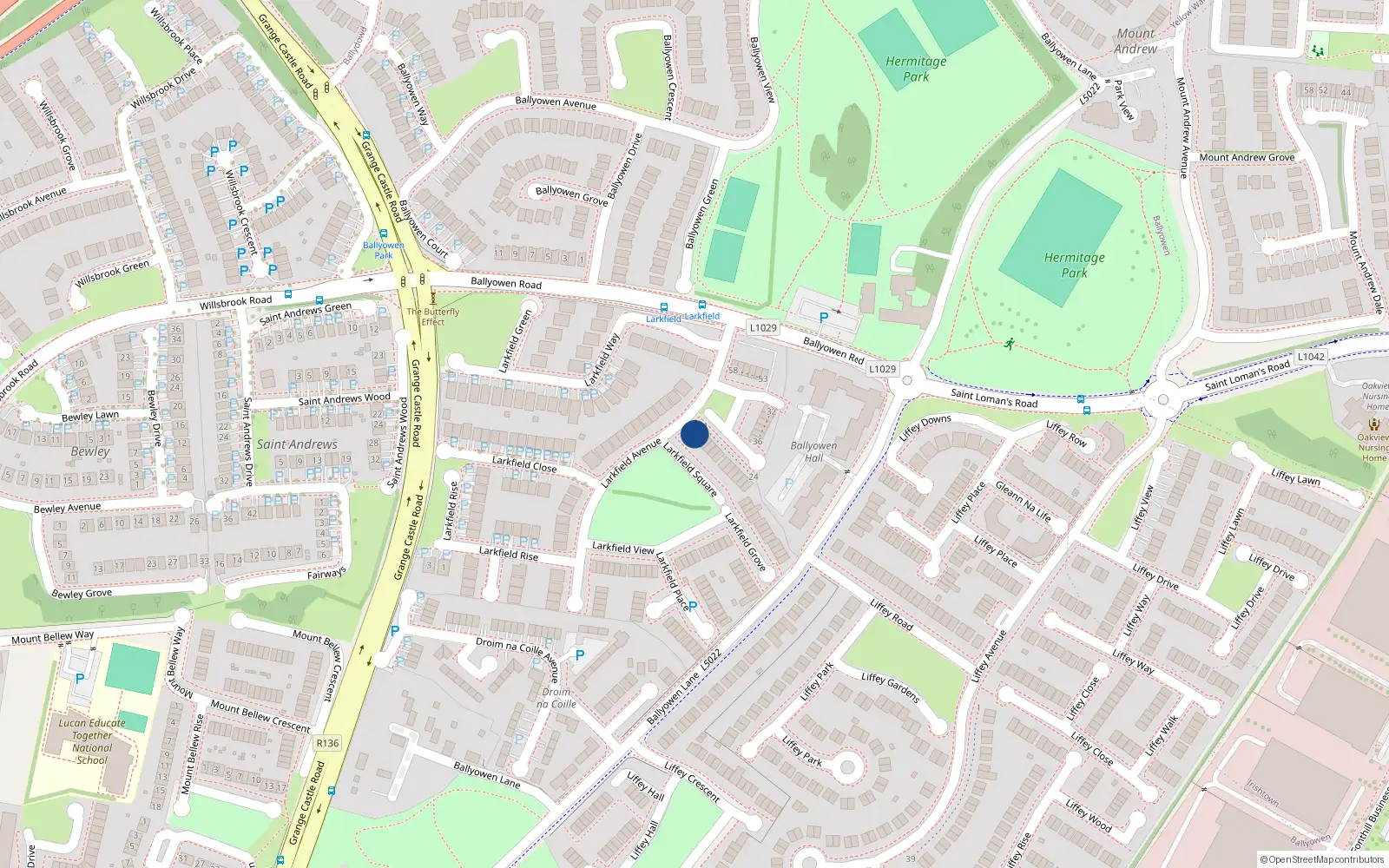 Overhead map showing the location of 12 Larkfield Square, Lucan, Dublin