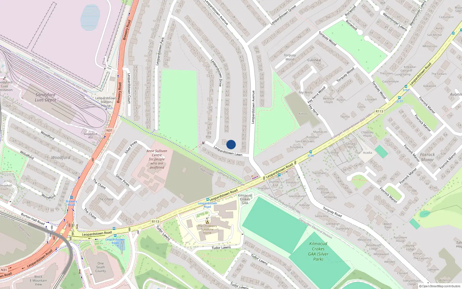 Overhead map showing the location of 12 Leopardstown Lawn, Blackrock, Dublin