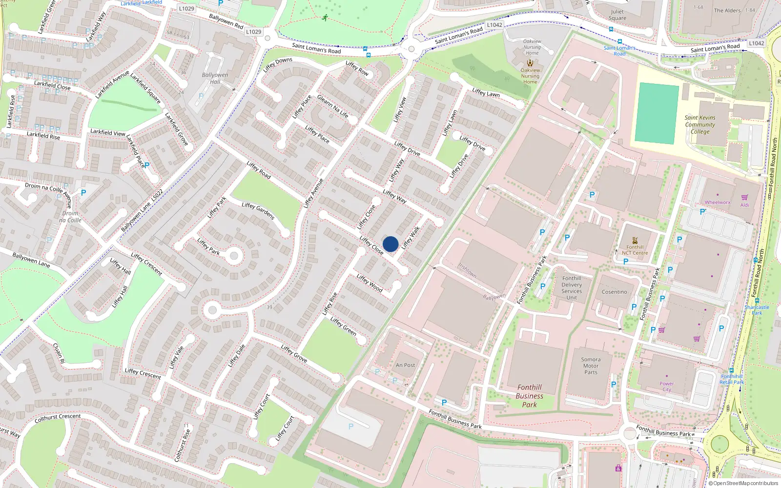 Overhead map showing the location of 12 Liffey Close, Liffey Valley Park, Lucan