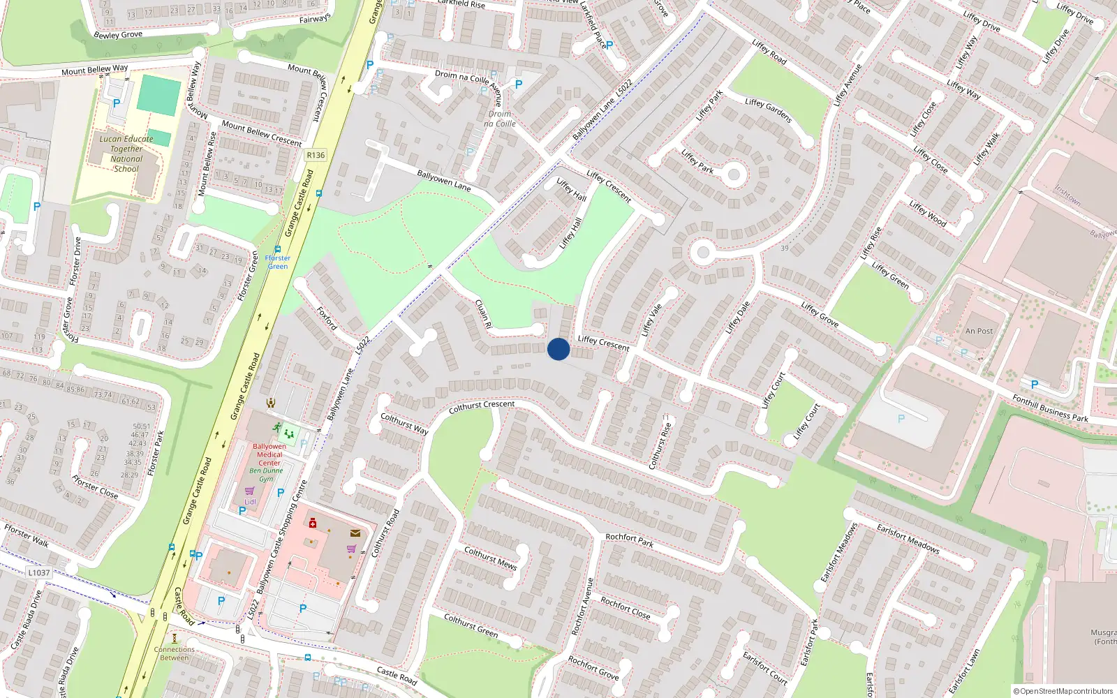 Overhead map showing the location of 12 Liffey Crescent, Lucan