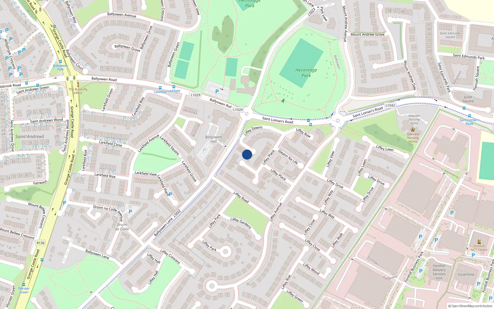 Overhead map showing the location of 12 Liffey Downs, Liffey Valley Park, Lucan