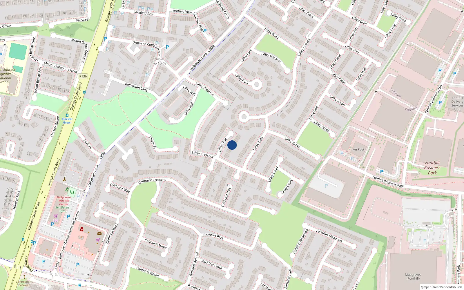 Overhead map showing the location of 12 Liffey Vale, Lucan
