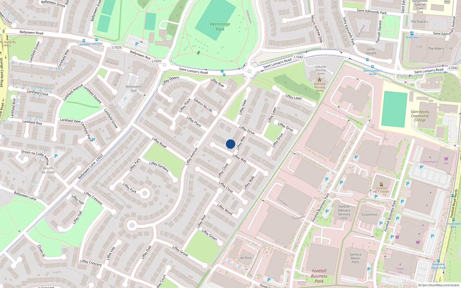 Overhead map showing the location of 12 Liffey Way, Liffey Valley Park, Lucan