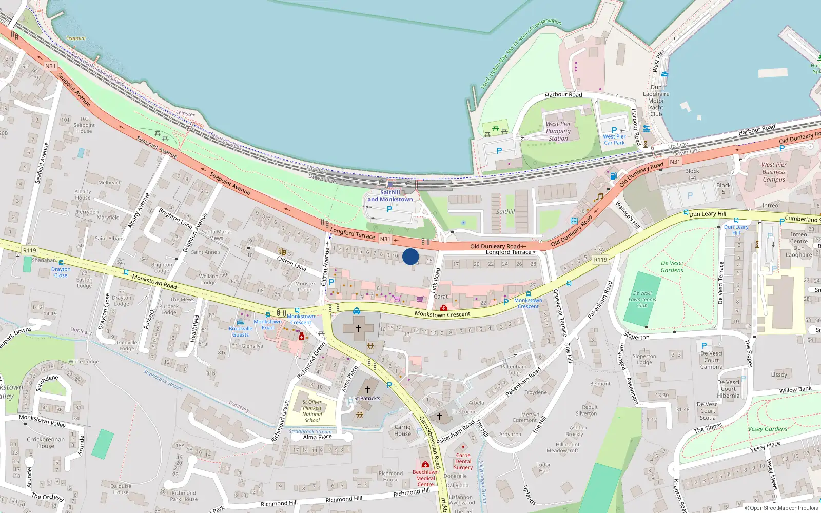 Overhead map showing the location of 12 Longford Terrace, Monkstown