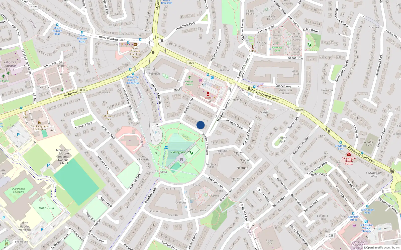 Overhead map showing the location of 12 Marconi Crescent, Honeypark, Dun Laoghaire