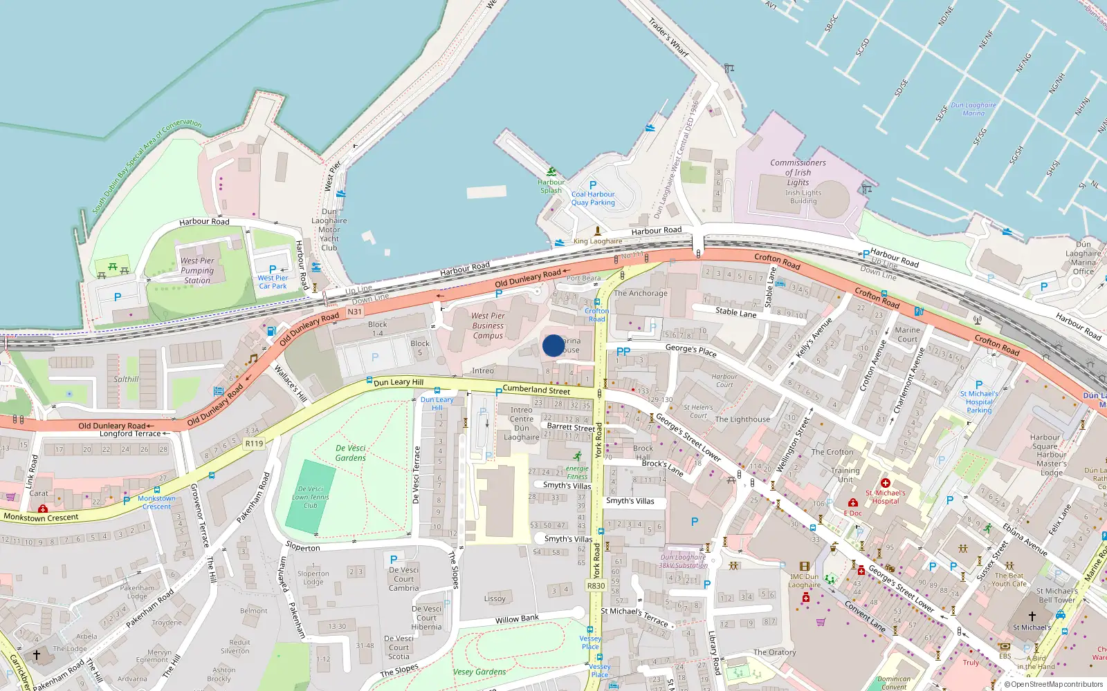 Overhead map showing the location of 12 Marina View, Clarence St, Dun Laoghaire