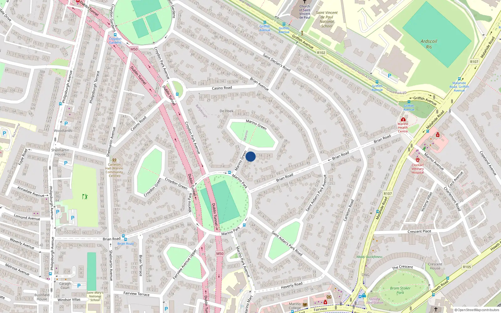 Overhead map showing the location of 12 Marino Green, Dublin 3