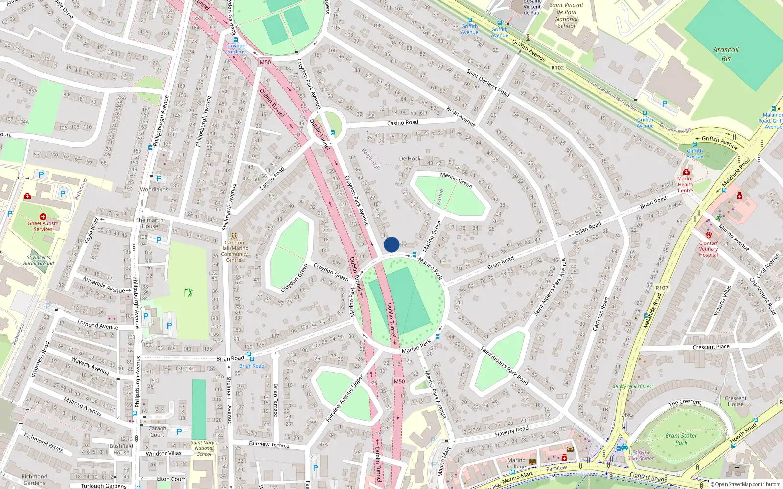 Overhead map showing the location of 12 Marino Park, Dublin 3