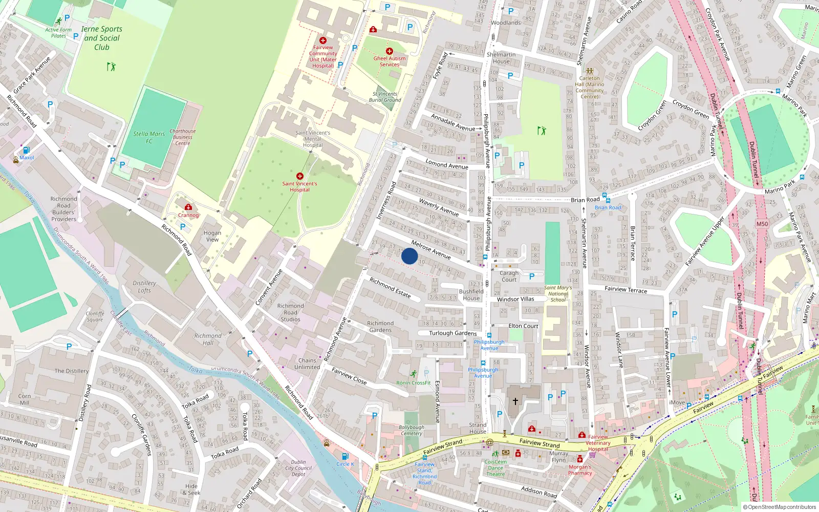 Overhead map showing the location of 12 Melrose Avenue, Dublin 3