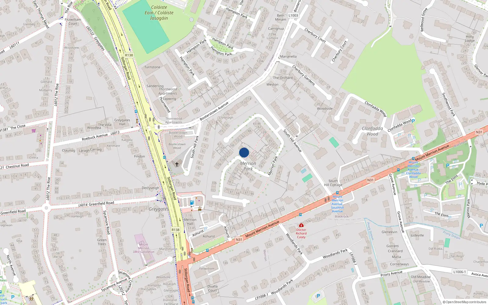 Overhead map showing the location of 12 Merrion Park, South Hill Avenue, Blackrock