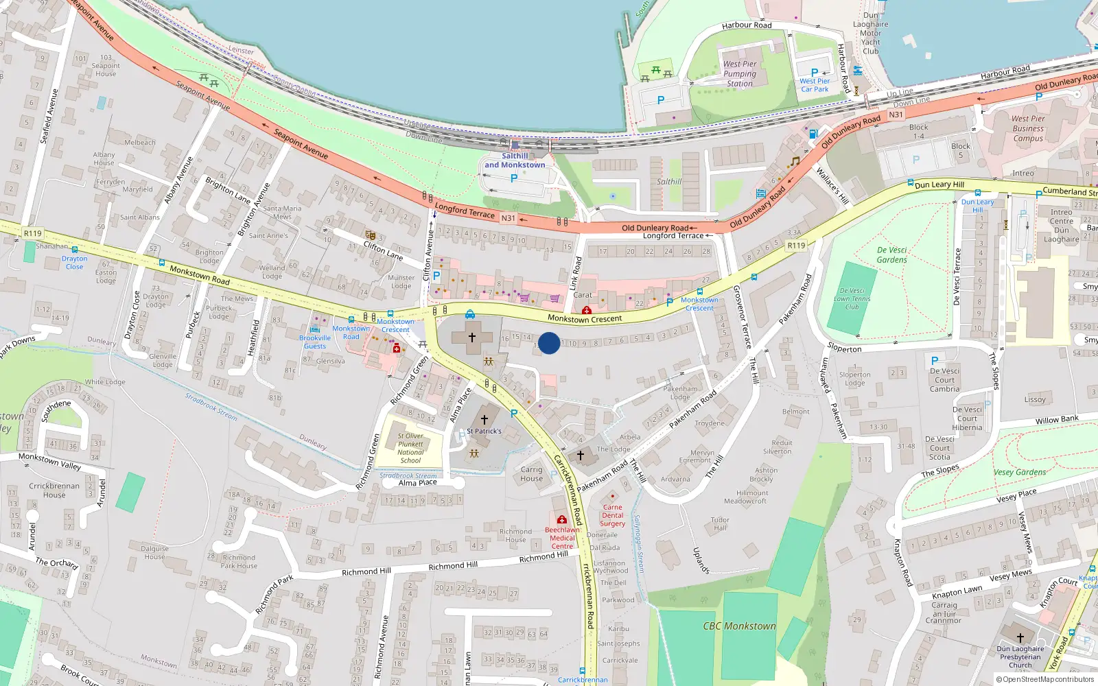 Overhead map showing the location of 12 Monkstown Crescent, Monkstown, Co Dublin