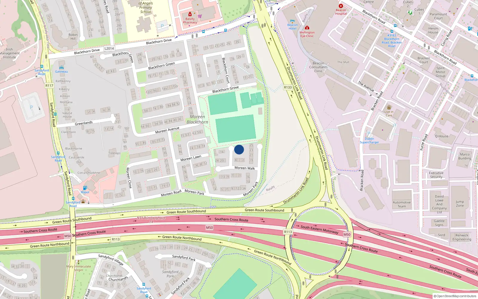 Overhead map showing the location of 12 Moreen Walk, Dublin 16