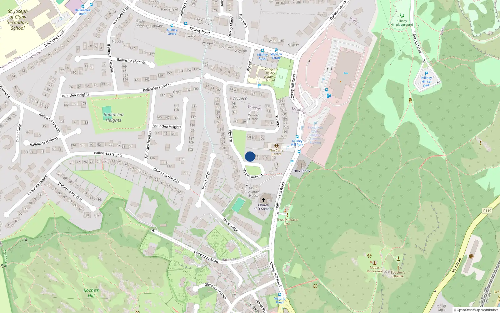 Overhead map showing the location of 12 Mount Auburn, Dalkey