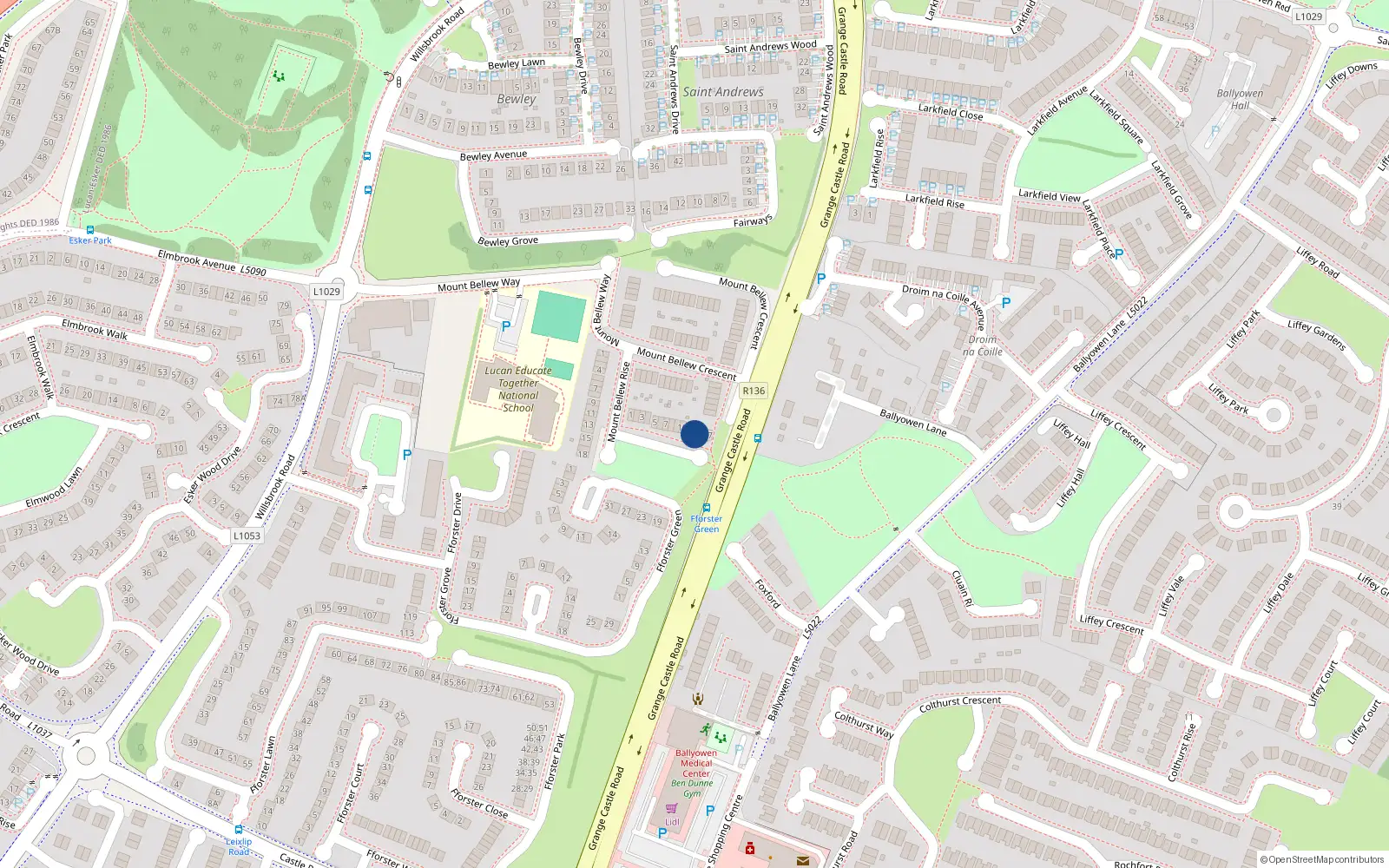 Overhead map showing the location of 12 Mount Bellew Green, Lucan