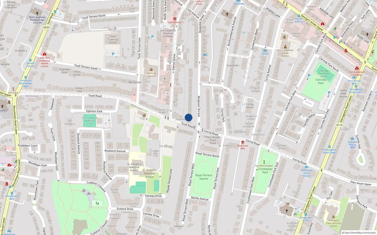 Overhead map showing the location of 12 Mulgrave Terrace, Dun Laoghaire, Dublin