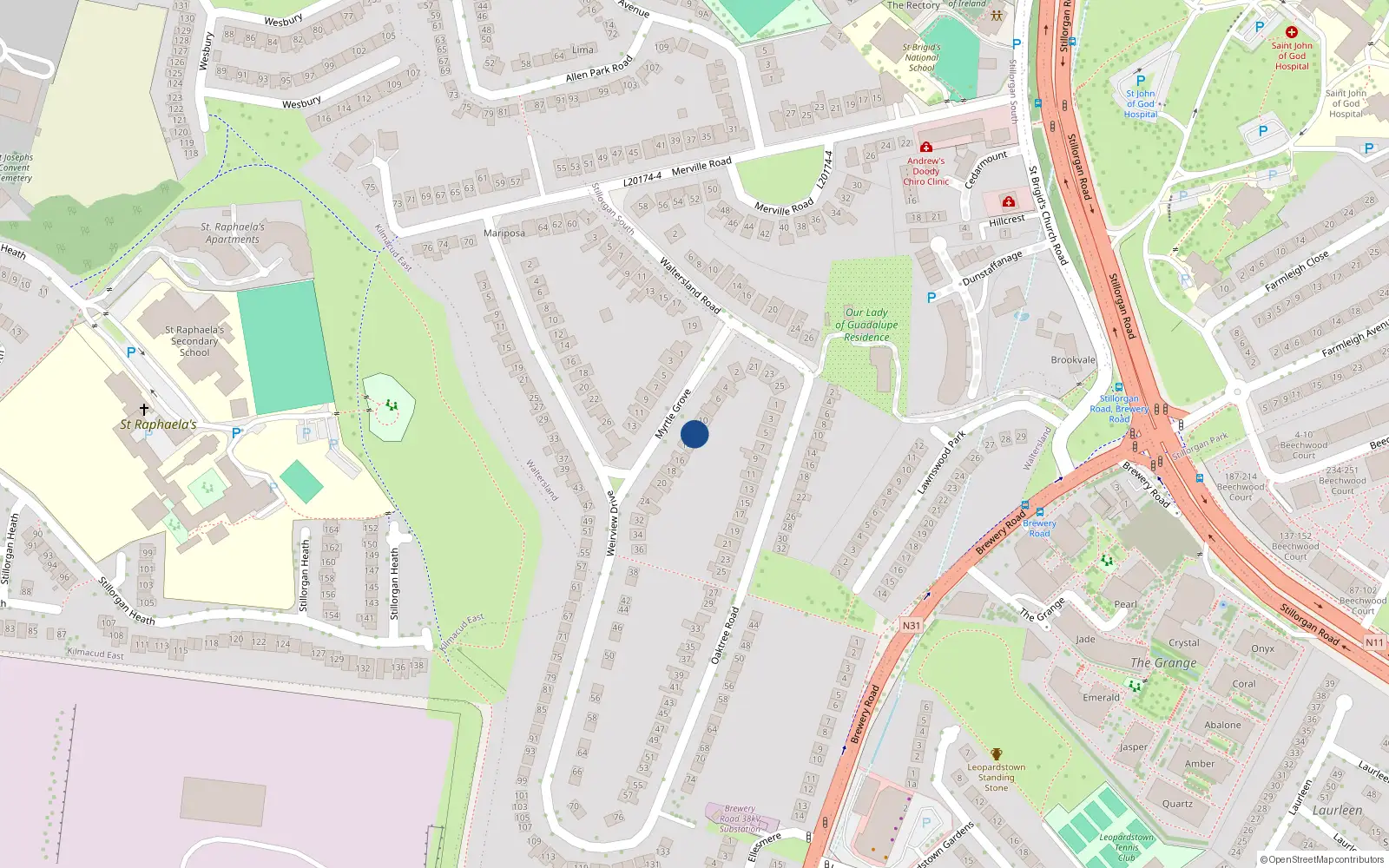 Overhead map showing the location of 12 Myrtle Grove, Dublin
