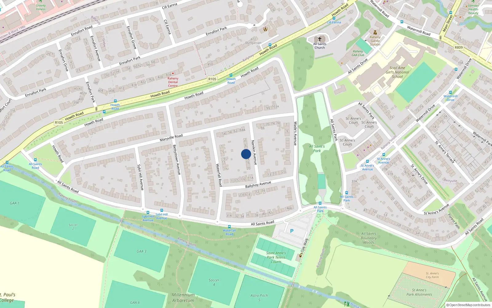 Overhead map showing the location of 12 Nanikin Avenue, Raheny, Dublin 5