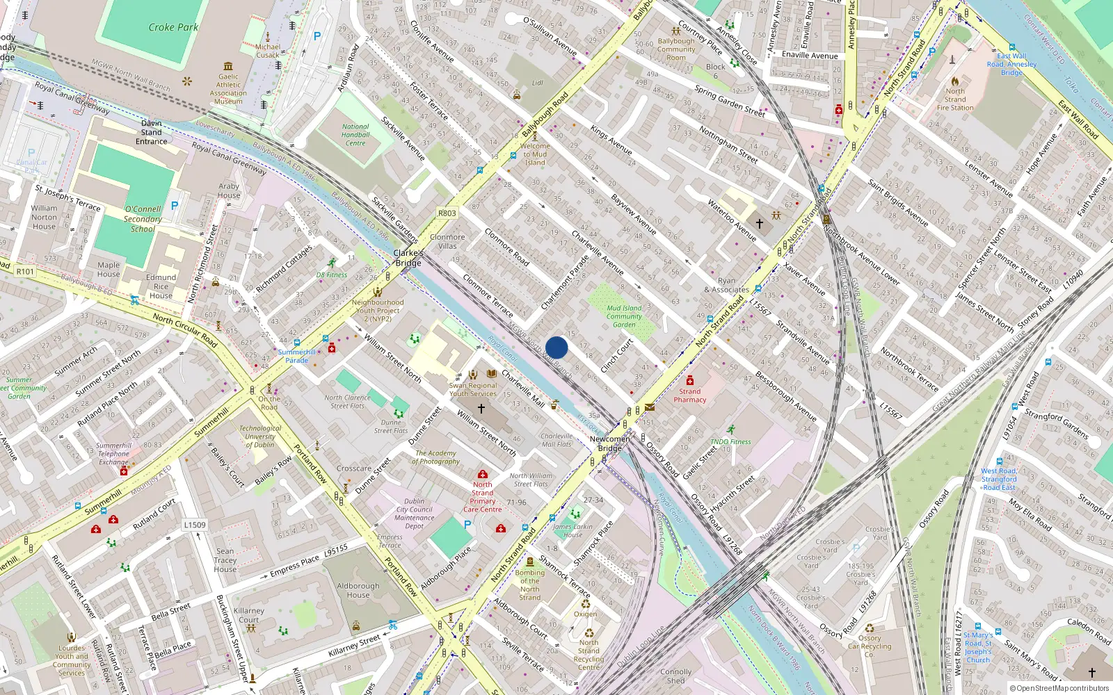 Overhead map showing the location of 12 Newcommen Avenue, North Strand, Dublin 3