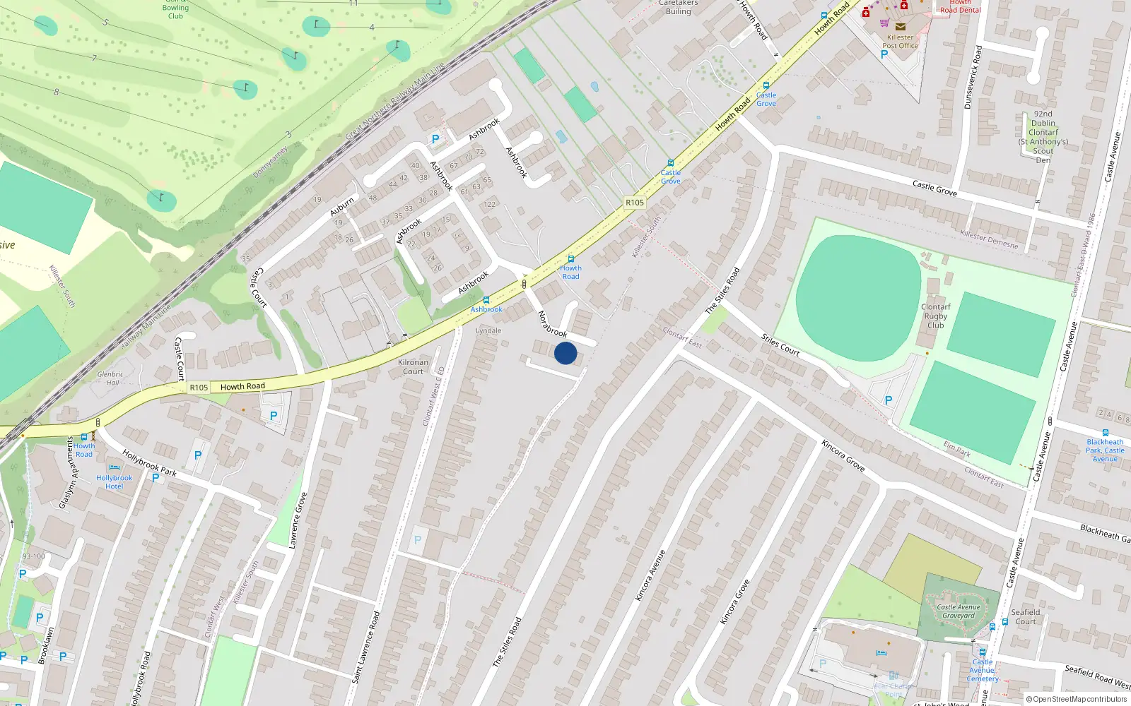 Overhead map showing the location of 12 Norabrook, Howth Road, Dublin