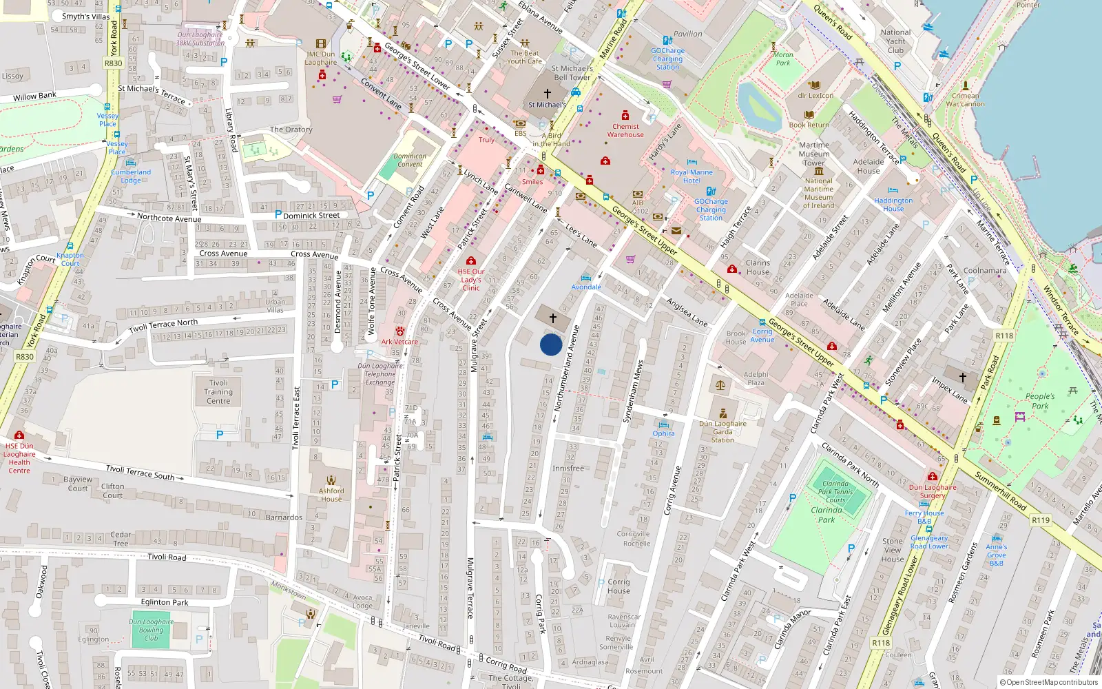 Overhead map showing the location of 12 Northumbeland Avenue, Dun Laoghaire, Co Dublin