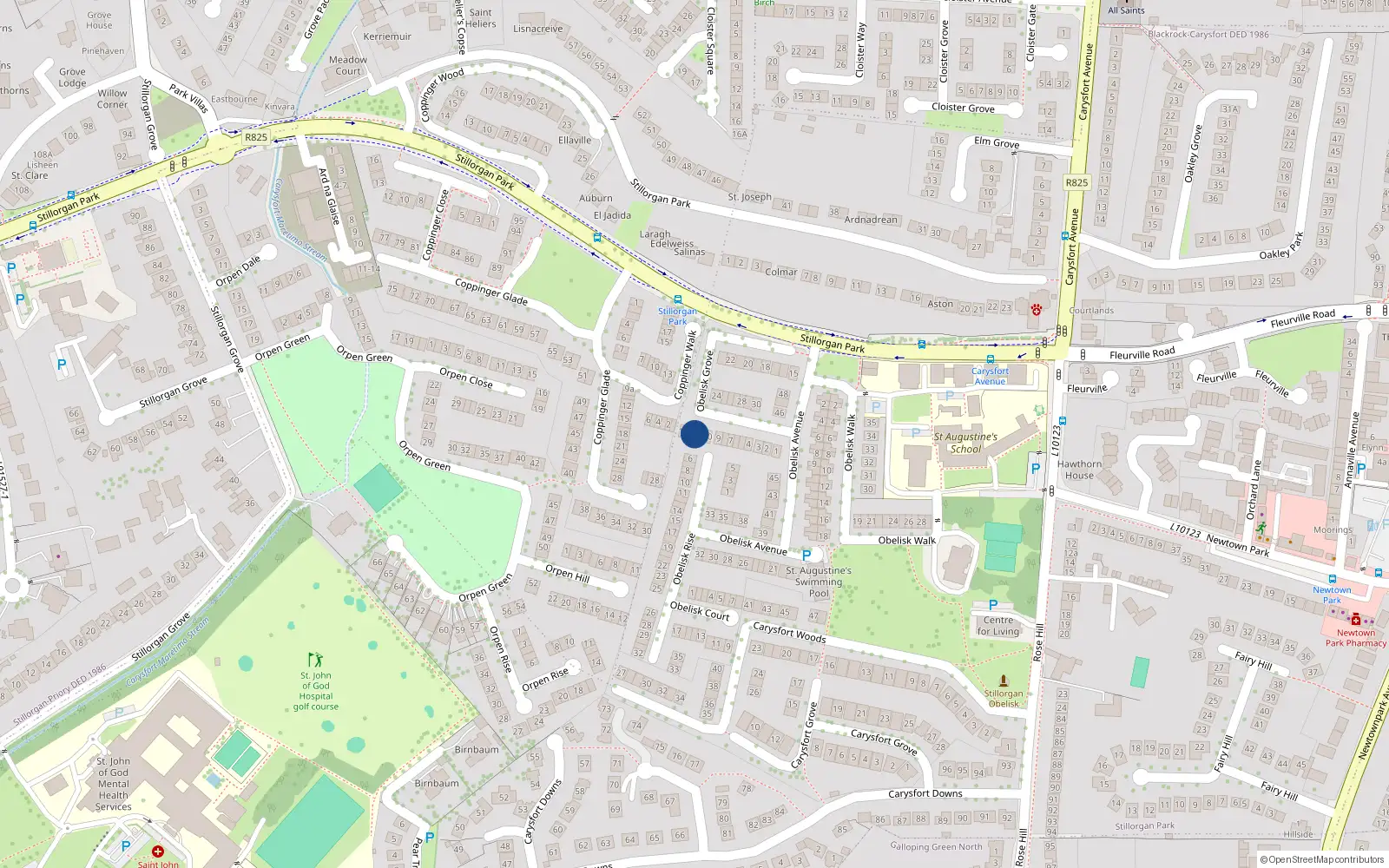 Overhead map showing the location of 12 Obelisk Grove, Blackrock