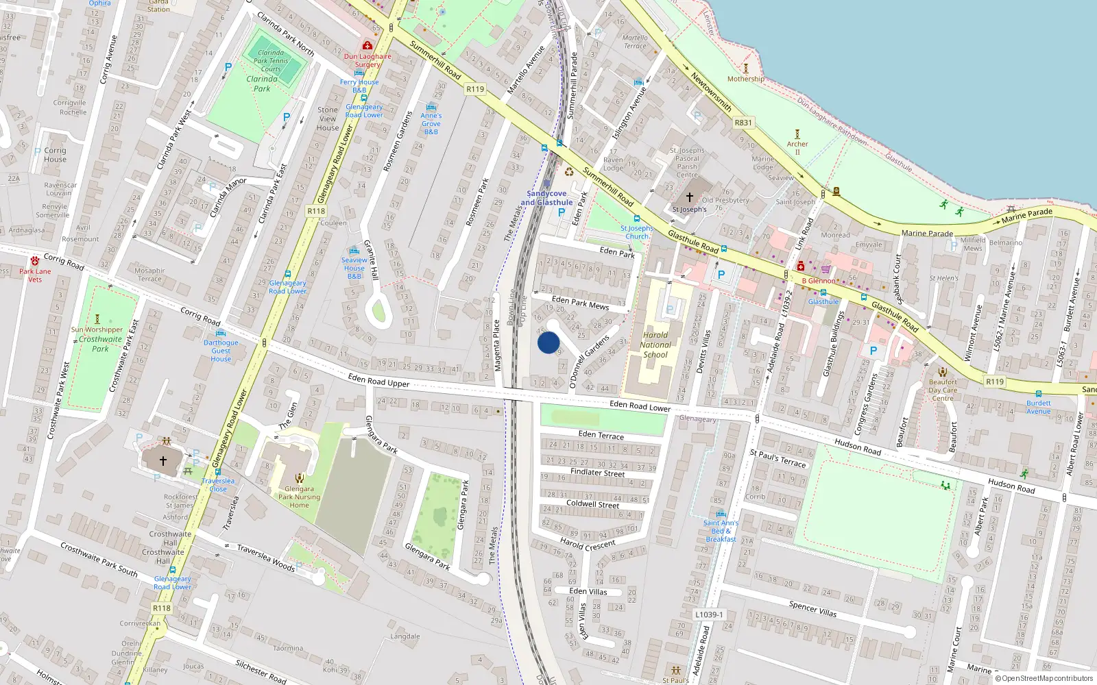 Overhead map showing the location of 12 O'Donnell Gardens, Dun Laoghaire