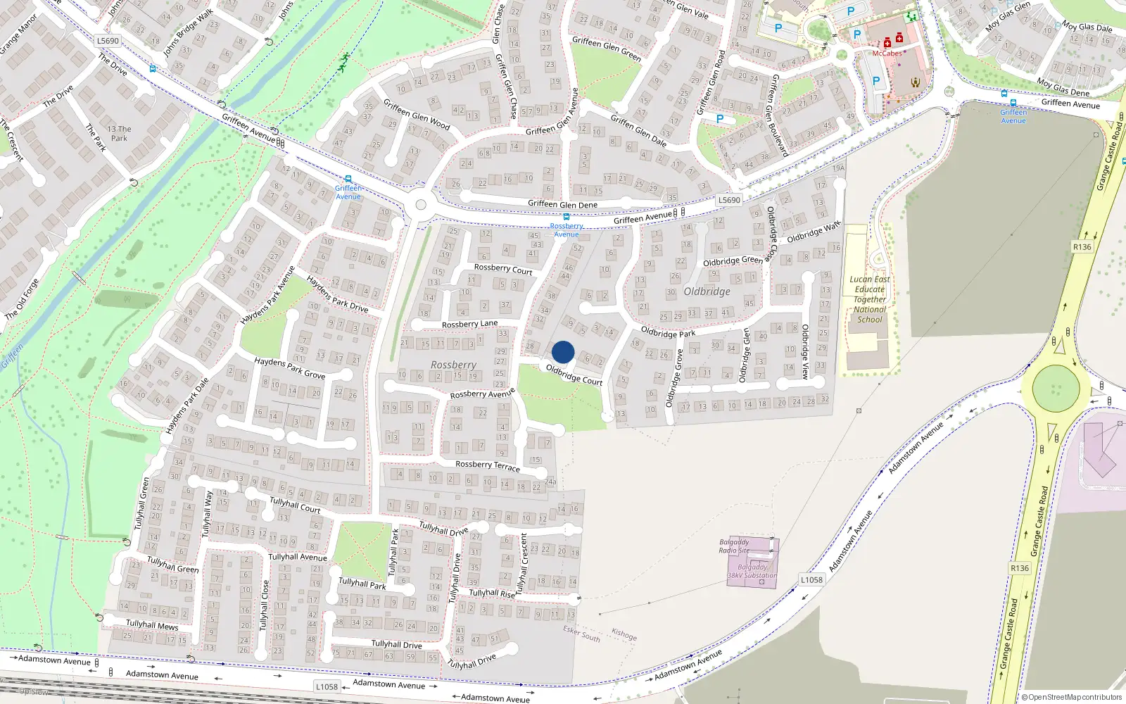 Overhead map showing the location of 12 Oldbridge Court, Lucan