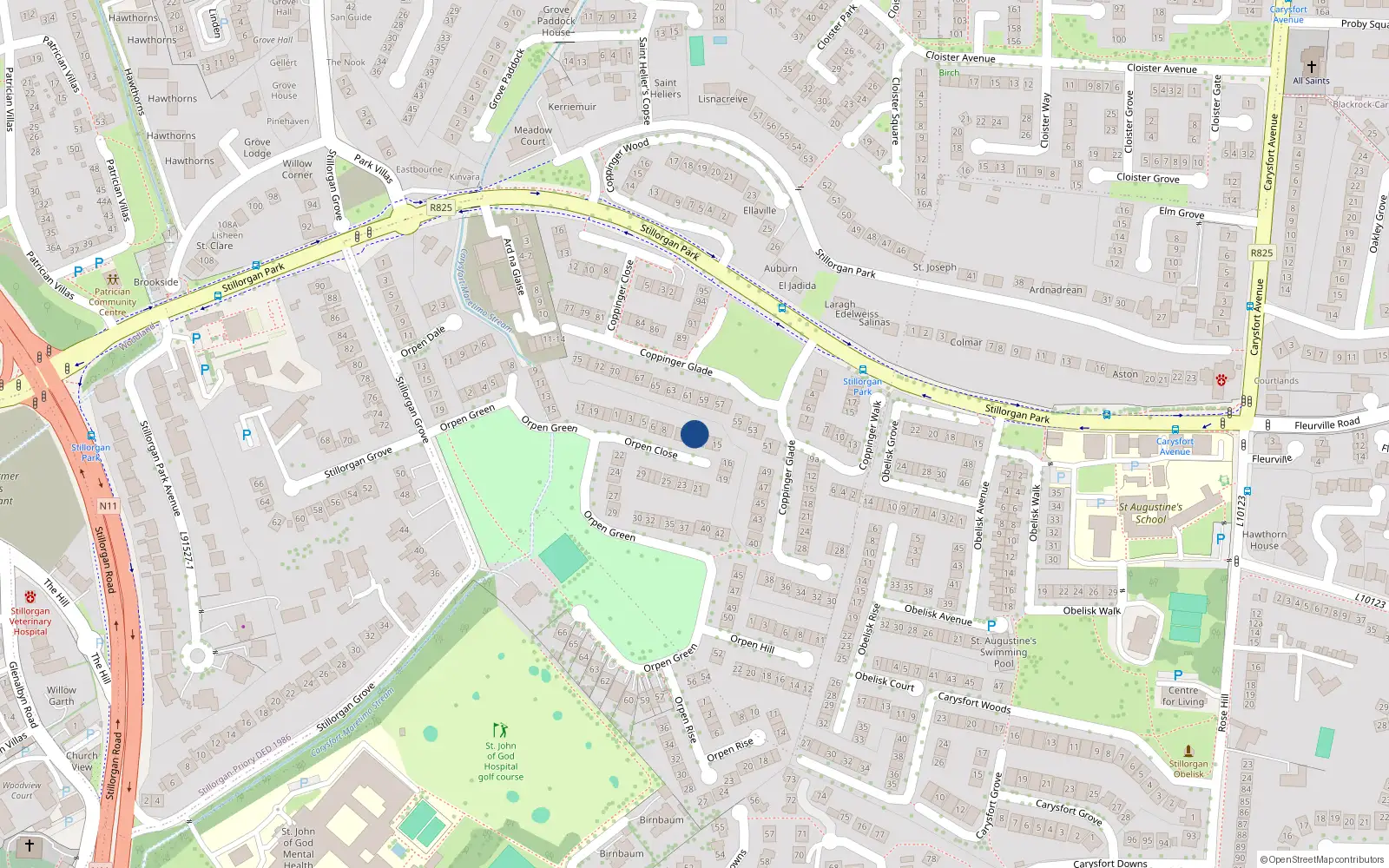 Overhead map showing the location of 12 Orpen Close, Blackrock