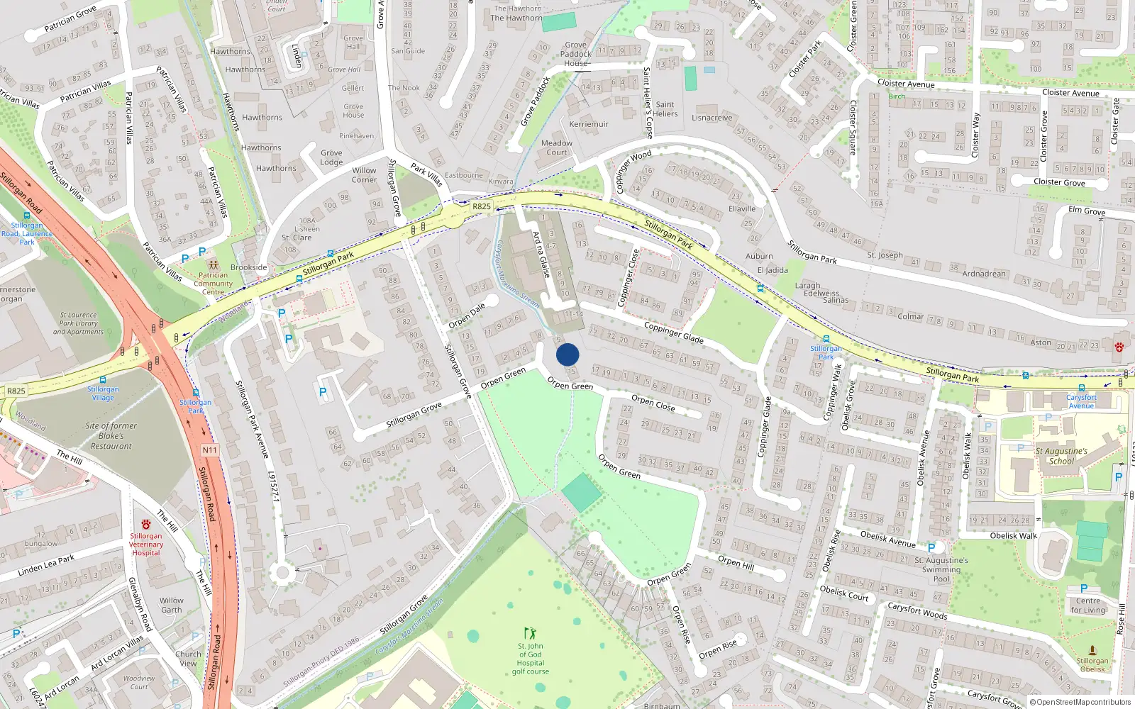 Overhead map showing the location of 12 Orpen Green, Blackrock