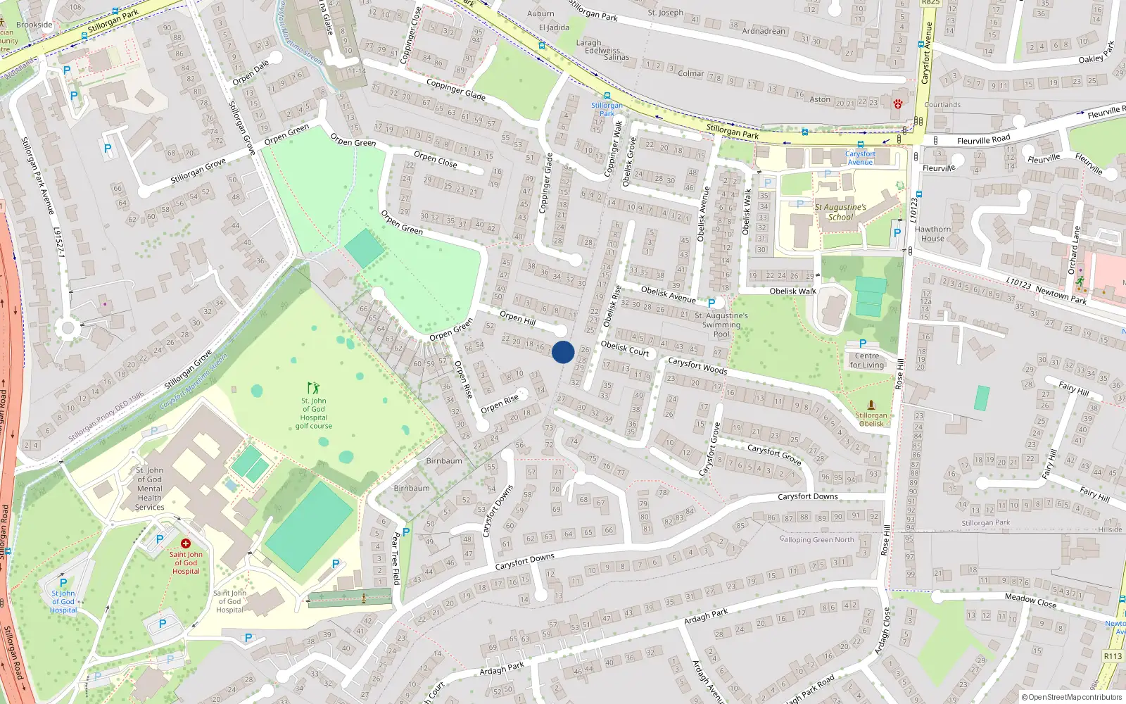 Overhead map showing the location of 12 Orpen Hill, Blackrock