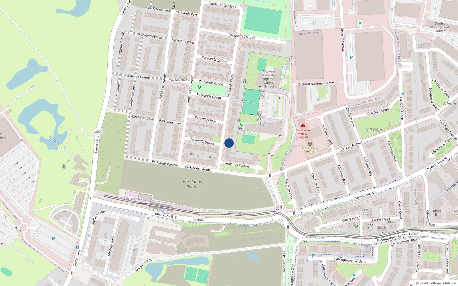 Overhead map showing the location of 12 Parklands Place, Saggart