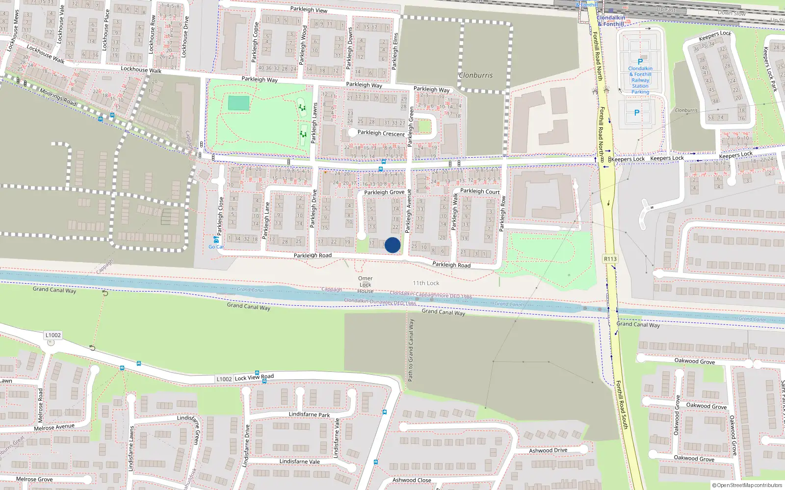Overhead map showing the location of 12 Parkleigh Road, Dublin 22