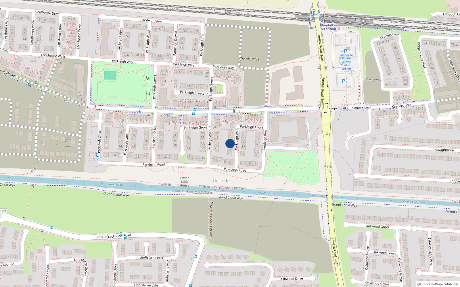 Overhead map showing the location of 12 Parkleigh Walk, Dublin 22