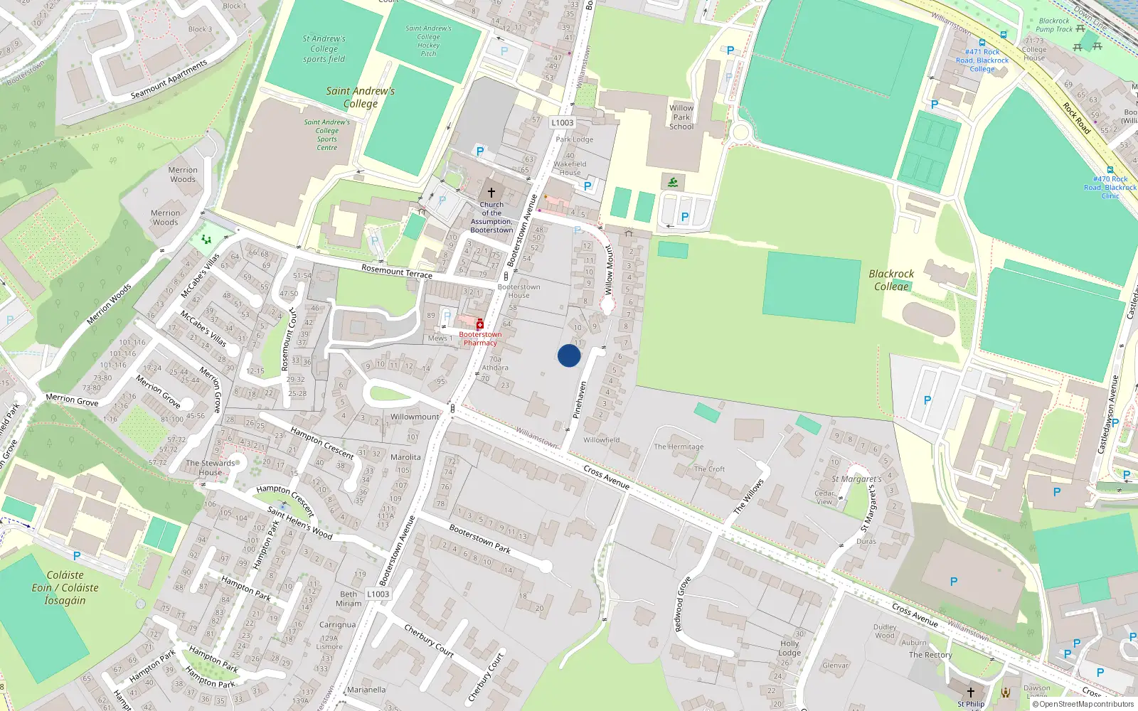 Overhead map showing the location of 12 Pinehaven, Cross Avenue, Blackrock